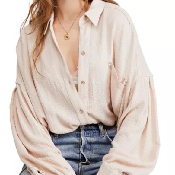 FREE PEOPLE  hidden Valley Oversized button down textured blouse neutral sz L - Picture 1 of 14